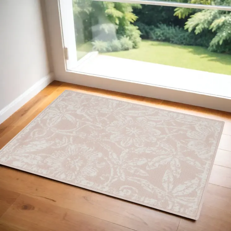 2' X 3' Pink and Ivory Floral Distressed Area Rug
