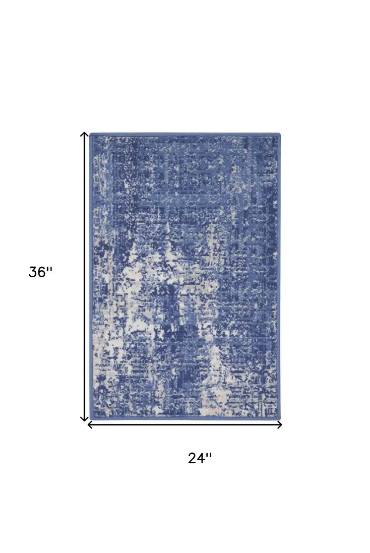 2' X 3' Ivory and Blue Abstract Distressed Area Rug