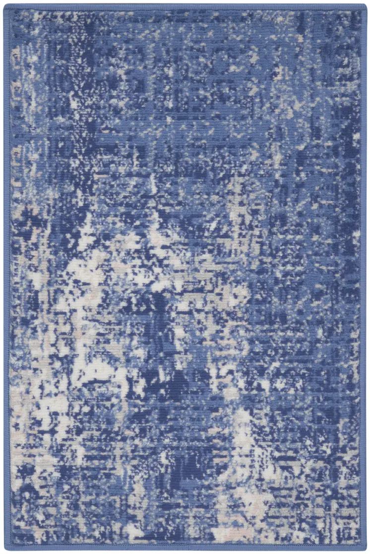 2' X 3' Ivory and Blue Abstract Distressed Area Rug