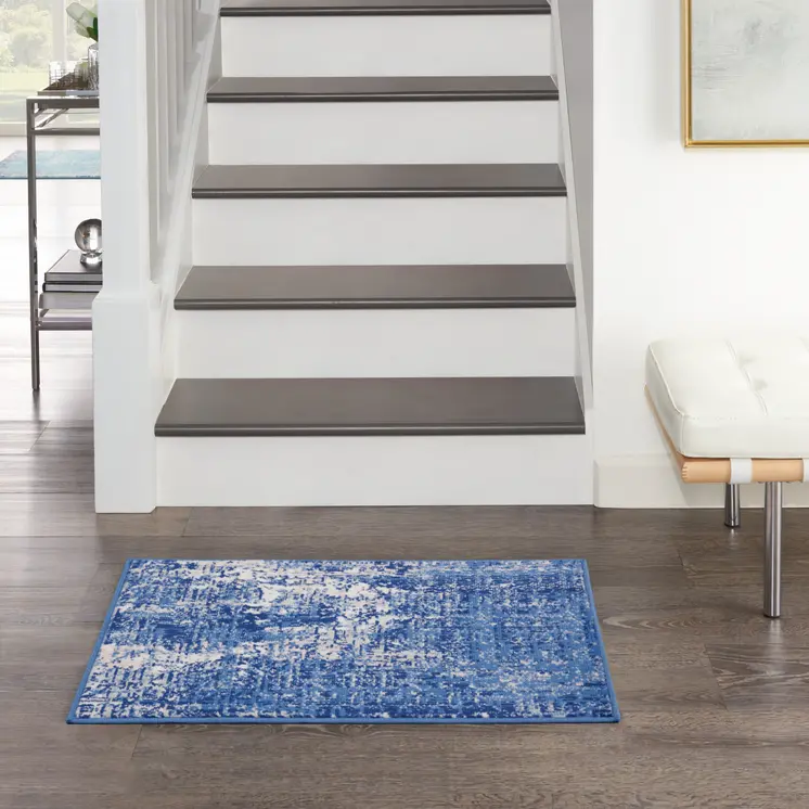 2' X 3' Ivory and Blue Abstract Distressed Area Rug