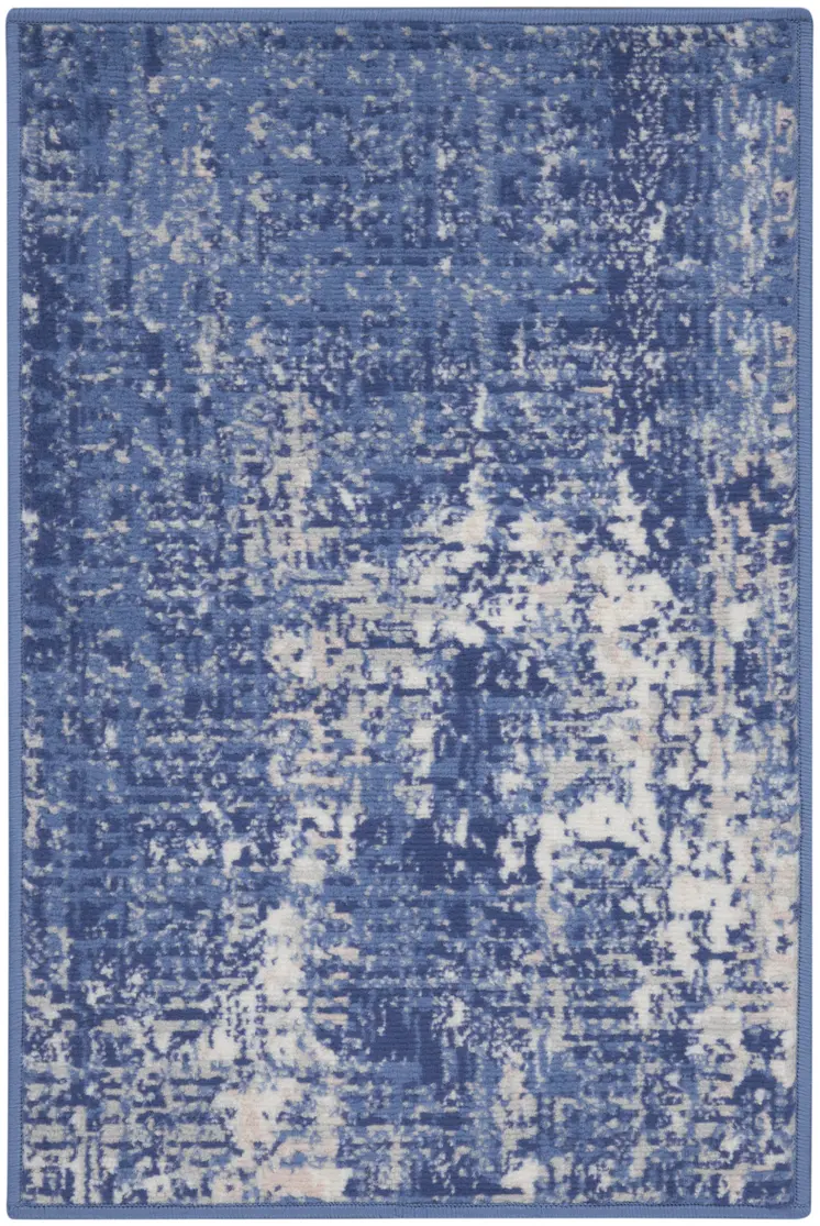 2' X 3' Ivory and Blue Abstract Distressed Area Rug