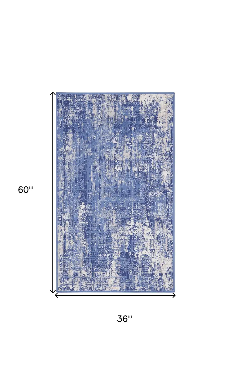 3' X 5' Ivory and Blue Abstract Distressed Area Rug
