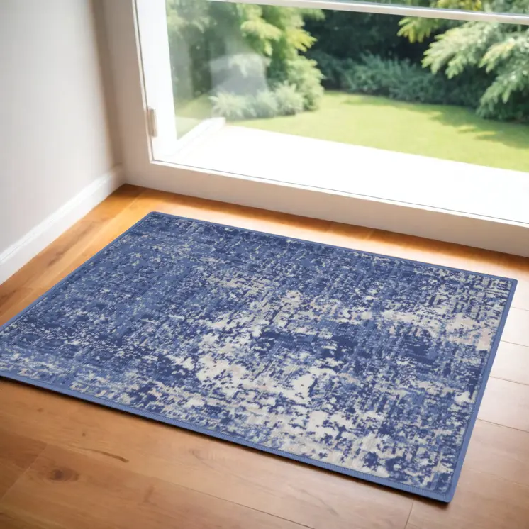 3' X 5' Ivory and Blue Abstract Distressed Area Rug