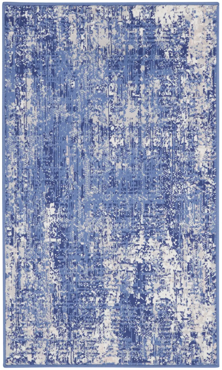 3' X 5' Ivory and Blue Abstract Distressed Area Rug