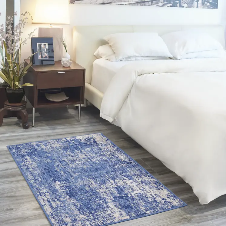 3' X 5' Ivory and Blue Abstract Distressed Area Rug