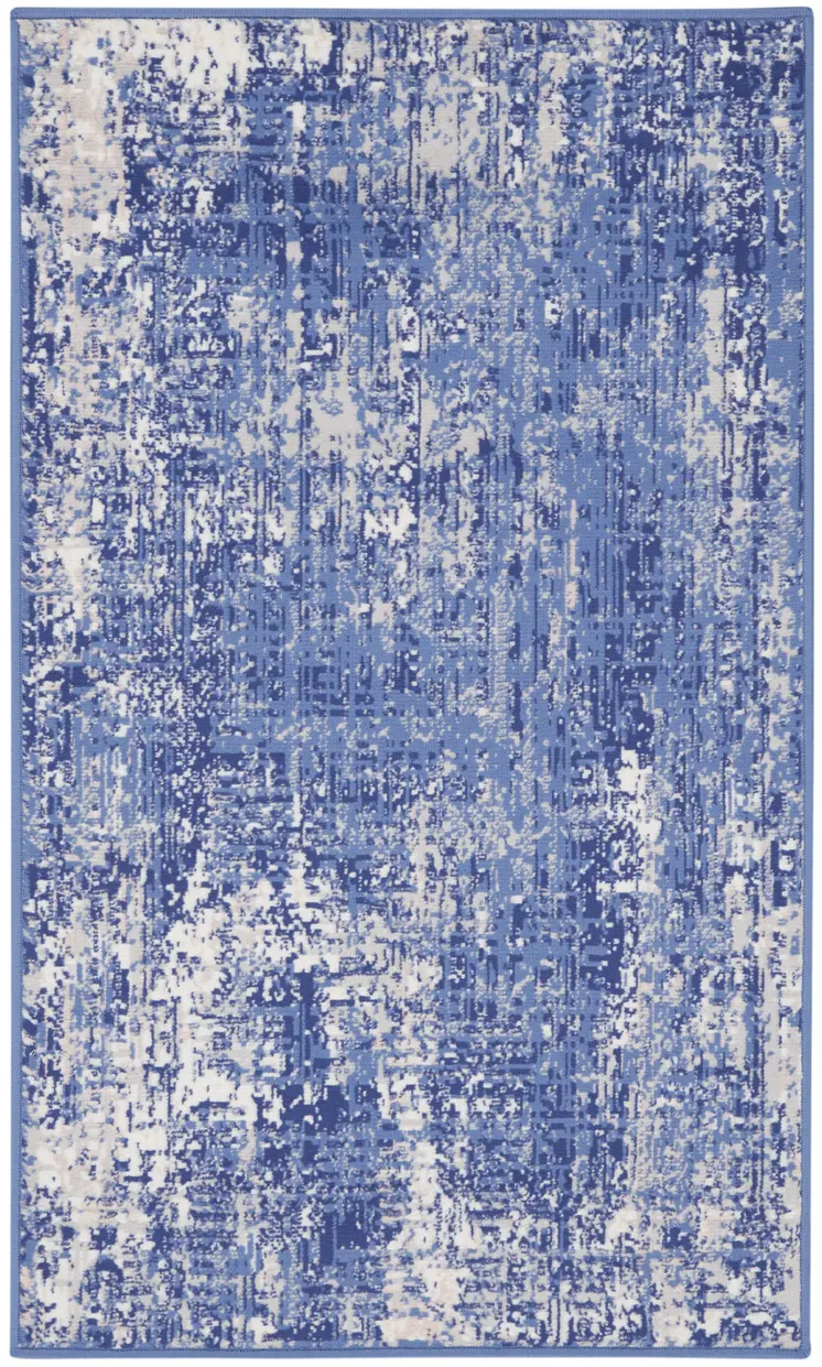 3' X 5' Ivory and Blue Abstract Distressed Area Rug