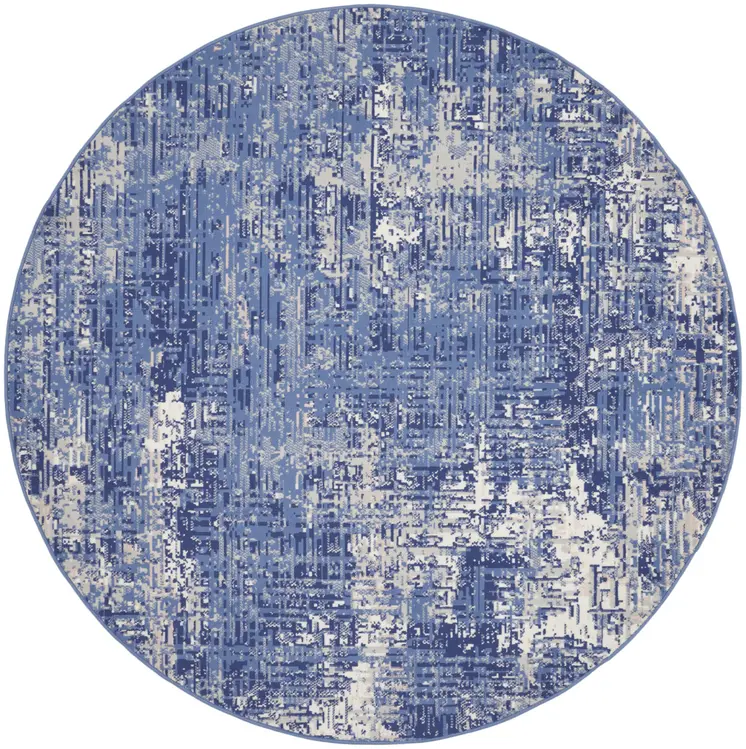 5' Ivory and Blue Abstract Distressed Round Rug