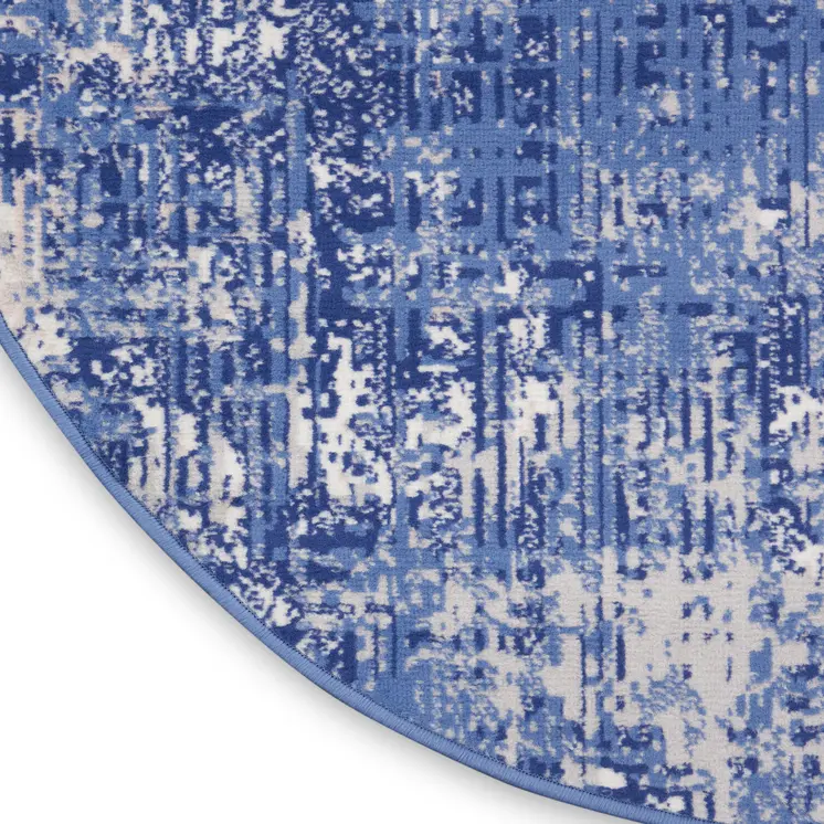 5' Ivory and Blue Abstract Distressed Round Rug