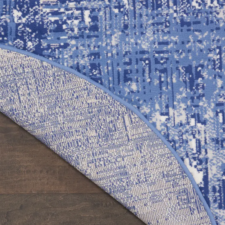 5' Ivory and Blue Abstract Distressed Round Rug