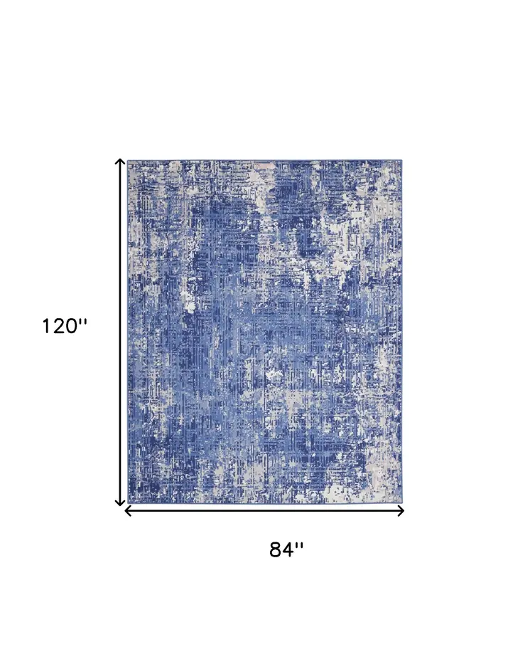7' X 10' Ivory and Blue Abstract Distressed Area Rug