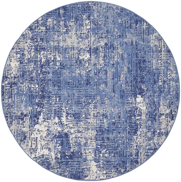 8' Ivory and Blue Abstract Distressed Round Rug