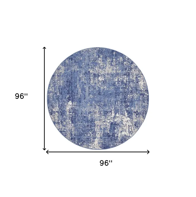 8' Ivory and Blue Abstract Distressed Round Rug