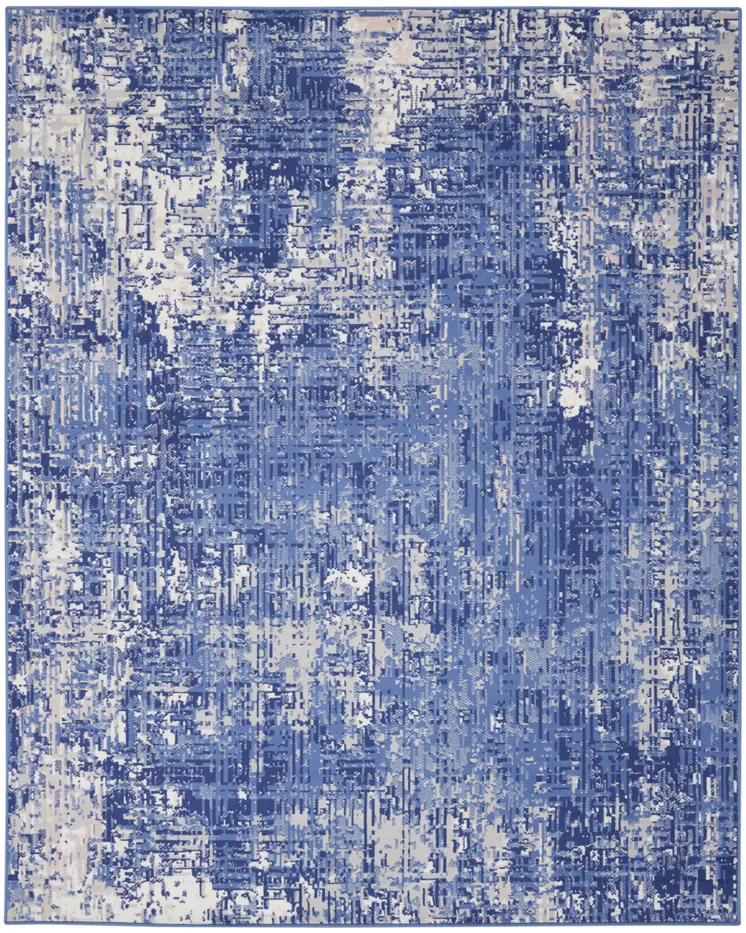 8' X 10' Ivory and Blue Abstract Distressed Area Rug