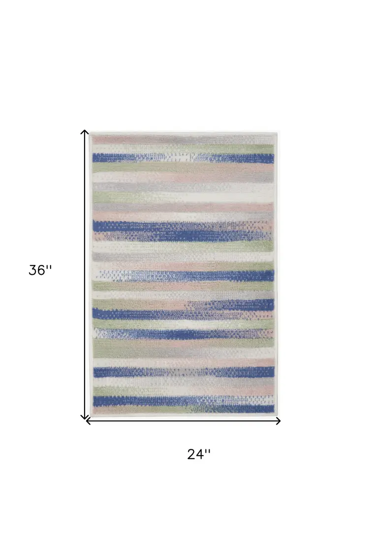 2' X 3' Ivory Tan and Blue Striped Area Rug