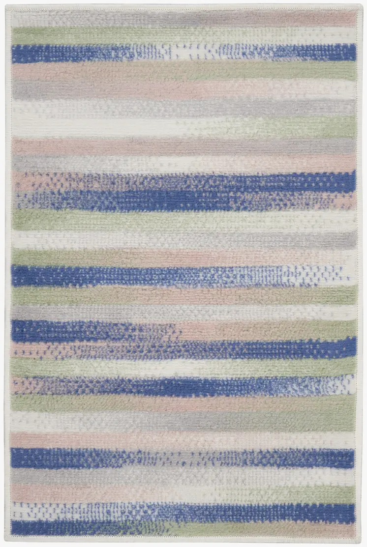 2' X 3' Ivory Tan and Blue Striped Area Rug