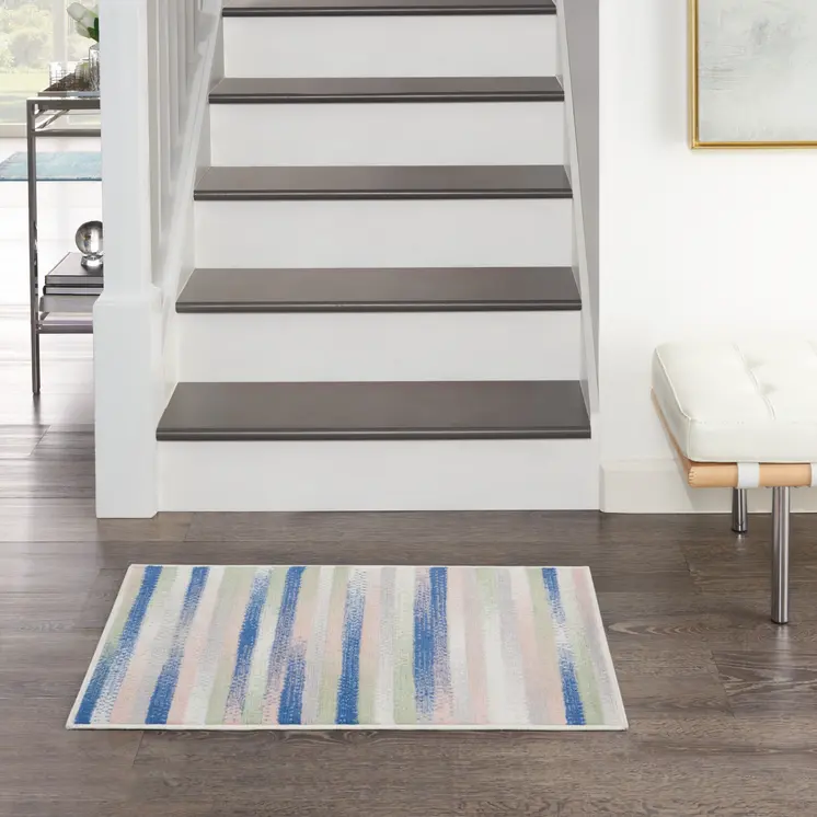 2' X 3' Ivory Tan and Blue Striped Area Rug