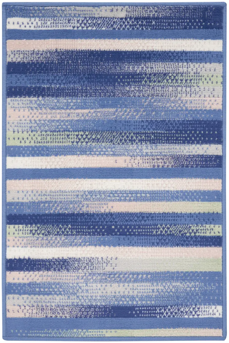 2' X 3' Ivory Tan and Blue Striped Area Rug