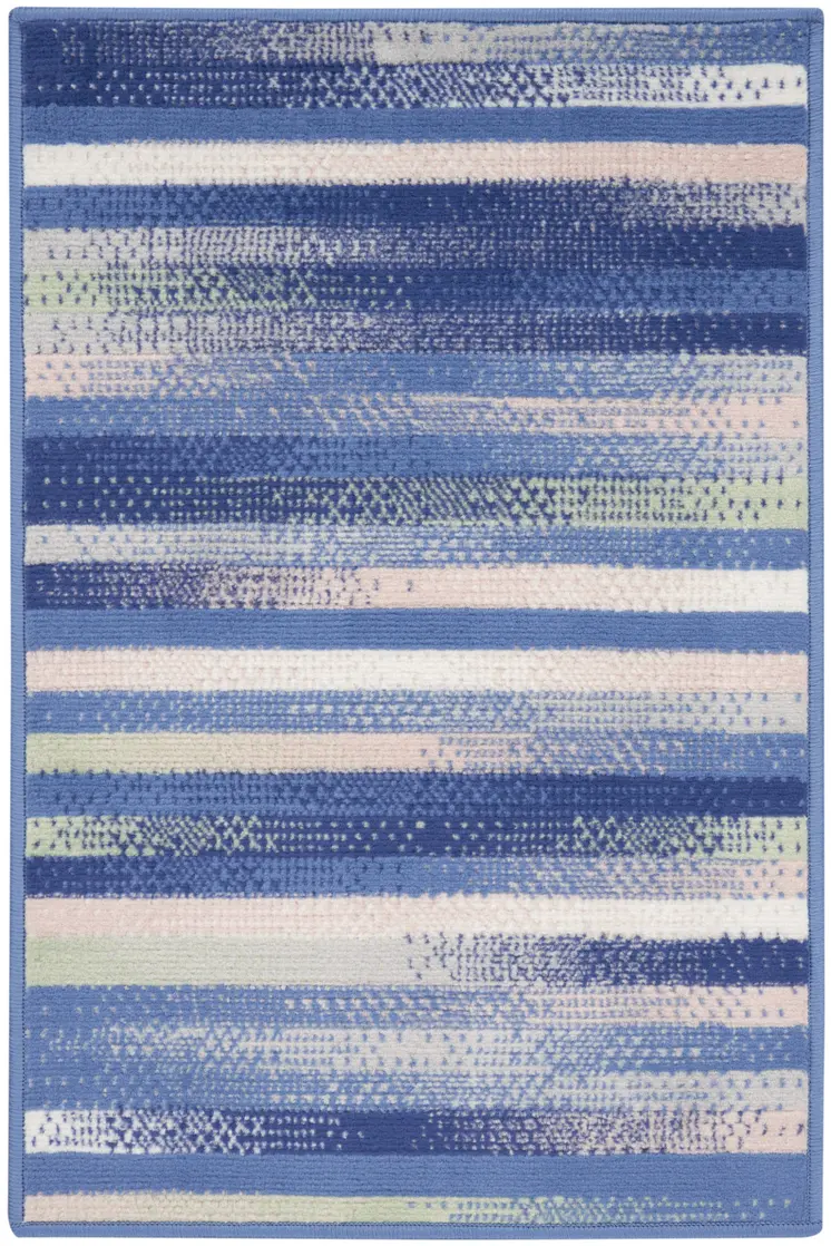 2' X 3' Ivory Tan and Blue Striped Area Rug