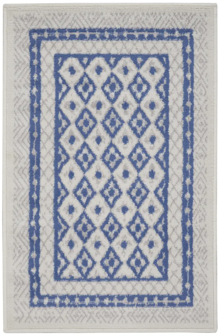 2' X 3' Ivory and Blue Geometric Distressed Area Rug