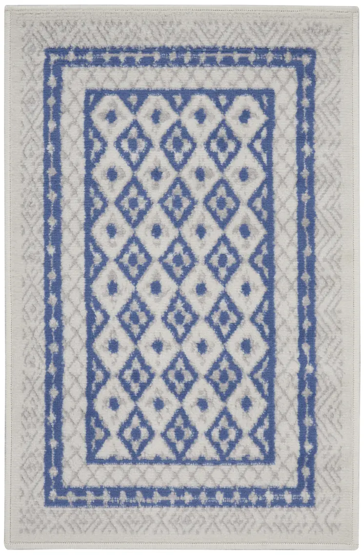 2' X 3' Ivory and Blue Geometric Distressed Area Rug