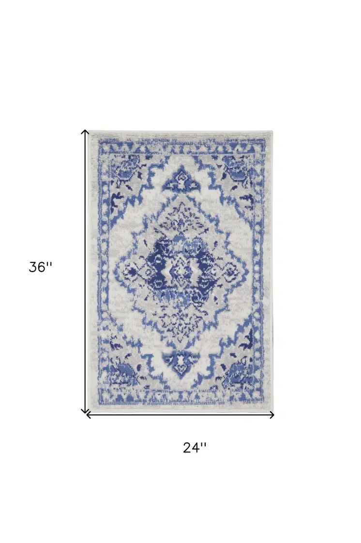 2' X 3' Ivory Blue and Gray Floral Medallion Area Rug