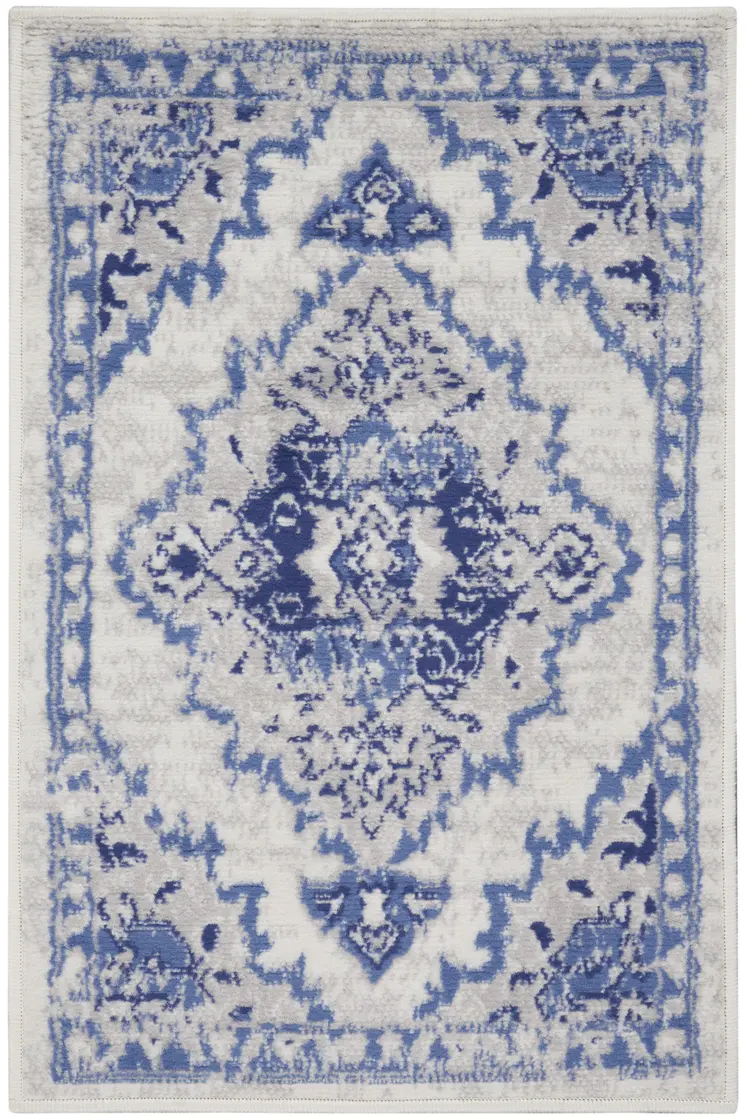 2' X 3' Ivory Blue and Gray Floral Medallion Area Rug