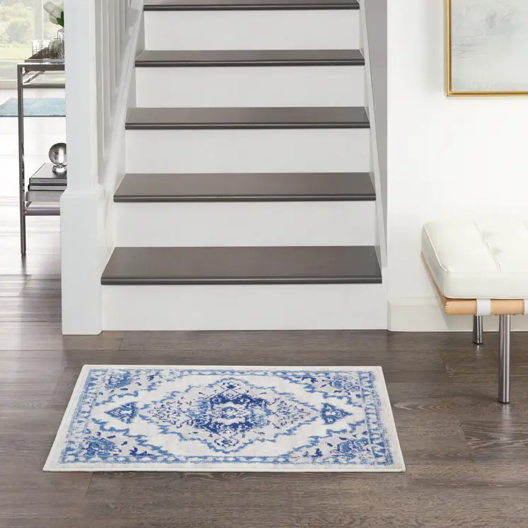 2' X 3' Ivory Blue and Gray Floral Medallion Area Rug