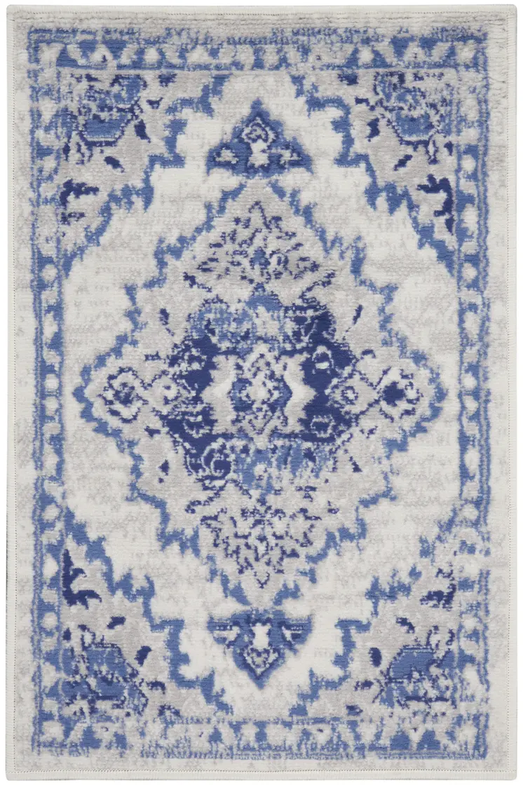 2' X 3' Ivory Blue and Gray Floral Medallion Area Rug