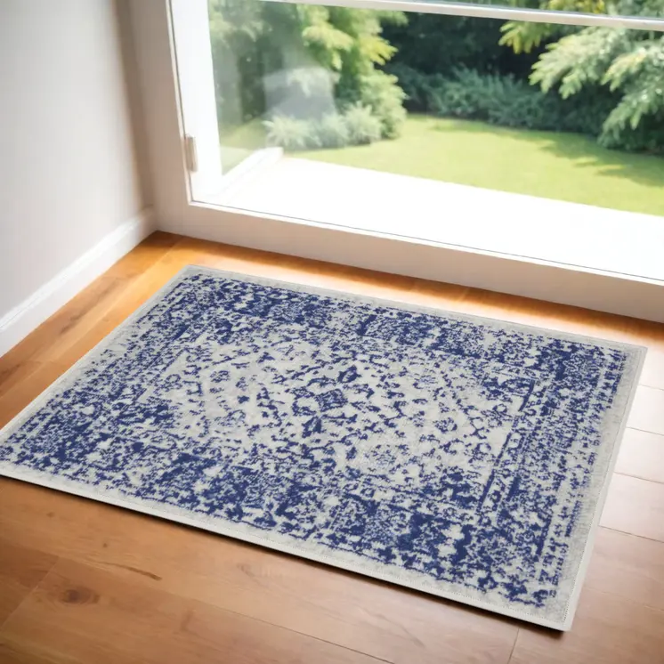 2' X 3' Ivory and Navy Blue Geometric Distressed Area Rug