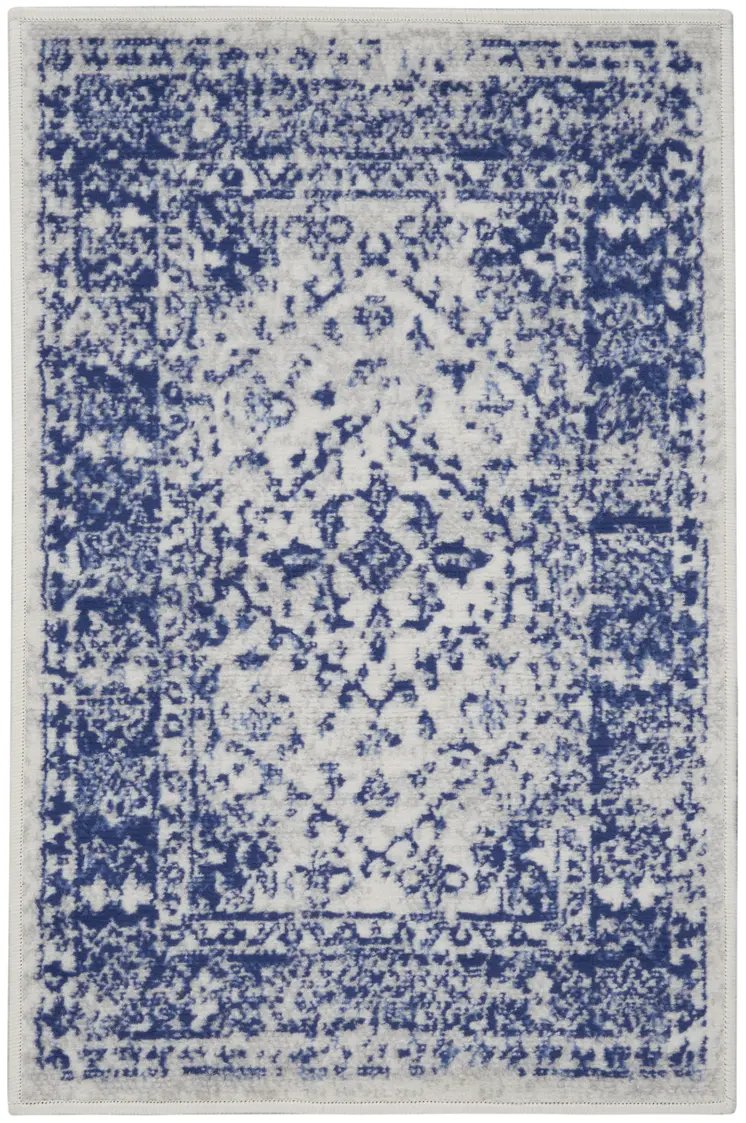 2' X 3' Ivory and Navy Blue Geometric Distressed Area Rug