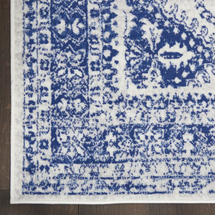 2' X 3' Ivory and Navy Blue Geometric Distressed Area Rug