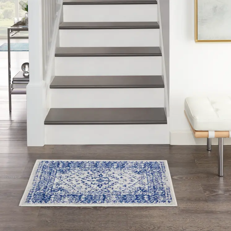 2' X 3' Ivory and Navy Blue Geometric Distressed Area Rug