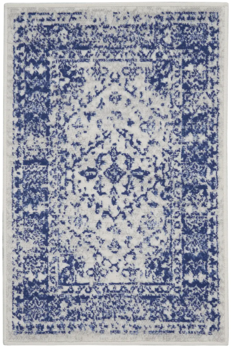 2' X 3' Ivory and Navy Blue Geometric Distressed Area Rug