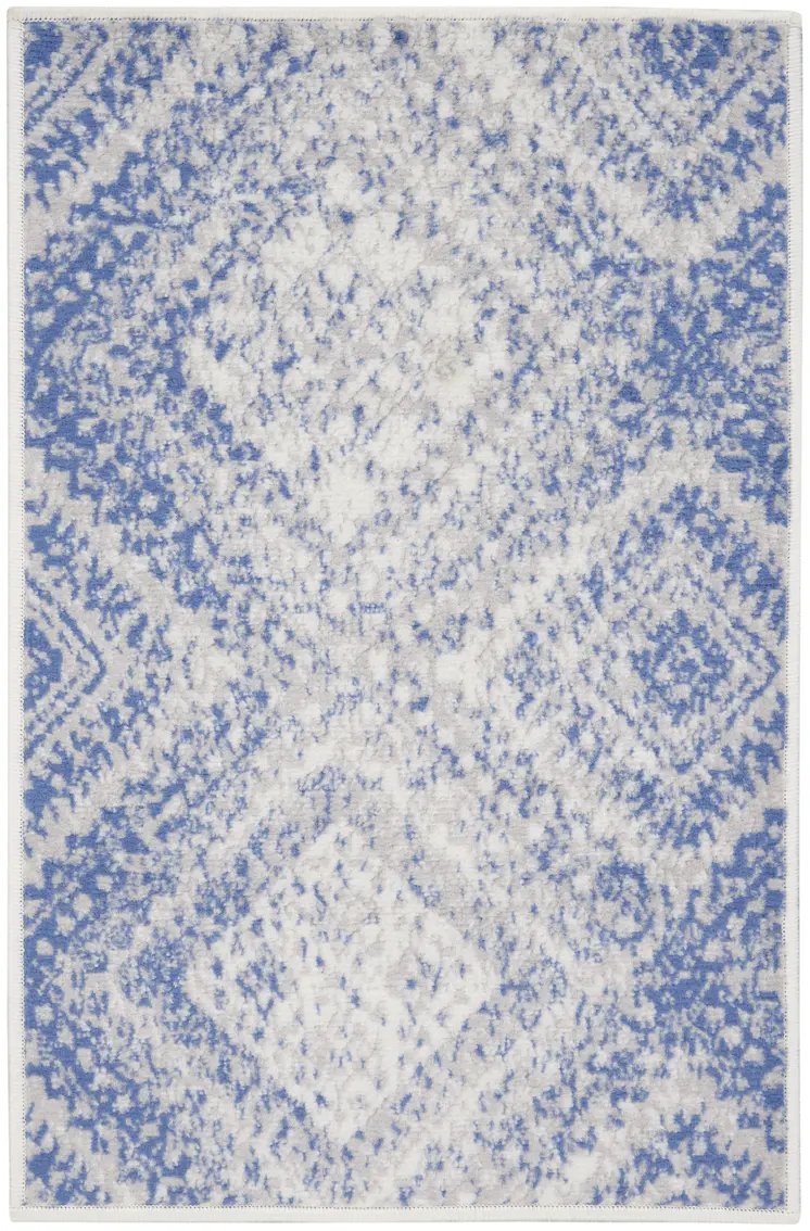 2' X 3' Ivory and Blue Geometric Distressed Area Rug
