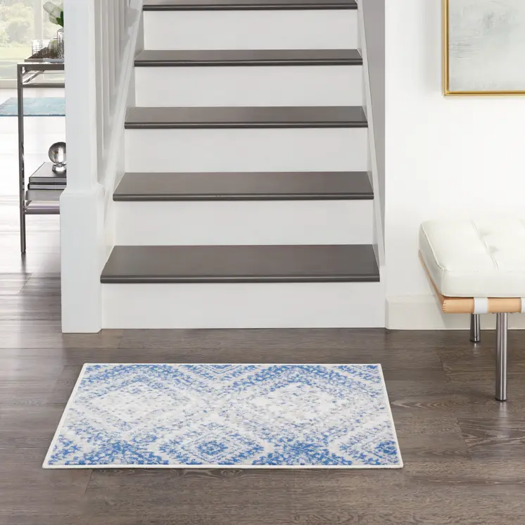2' X 3' Ivory and Blue Geometric Distressed Area Rug