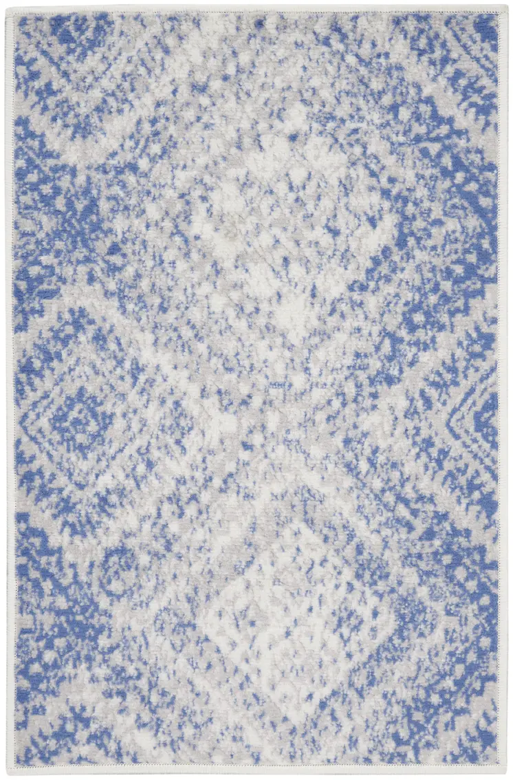 2' X 3' Ivory and Blue Geometric Distressed Area Rug