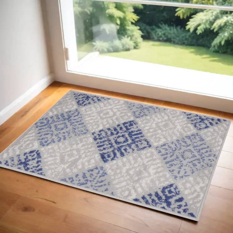 2' X 3' Beige Blue and Gray Geometric Area Rug