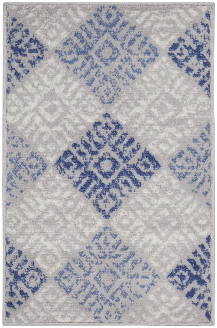 2' X 3' Beige Blue and Gray Geometric Area Rug