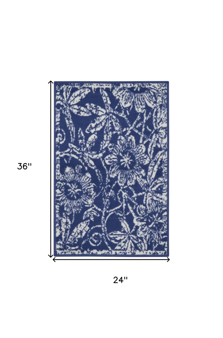 2' X 3' Ivory and Navy Blue Floral Distressed Area Rug