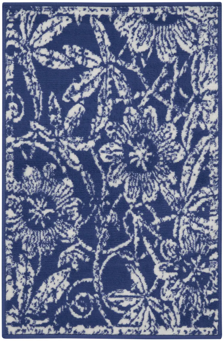2' X 3' Ivory and Navy Blue Floral Distressed Area Rug