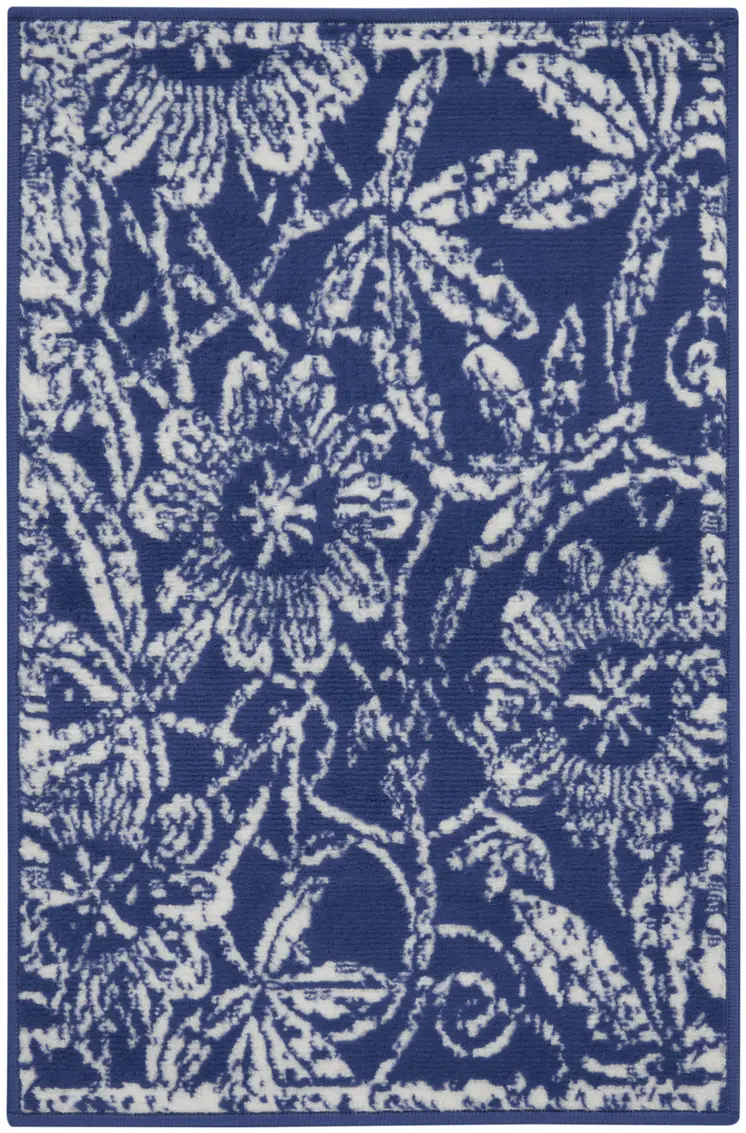 2' X 3' Ivory and Navy Blue Floral Distressed Area Rug