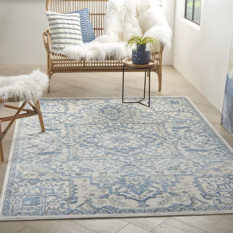 5' X 7' Blue Floral Power Loom Area Rug