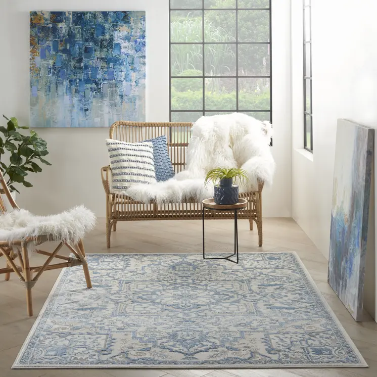 5' X 7' Blue Floral Power Loom Area Rug