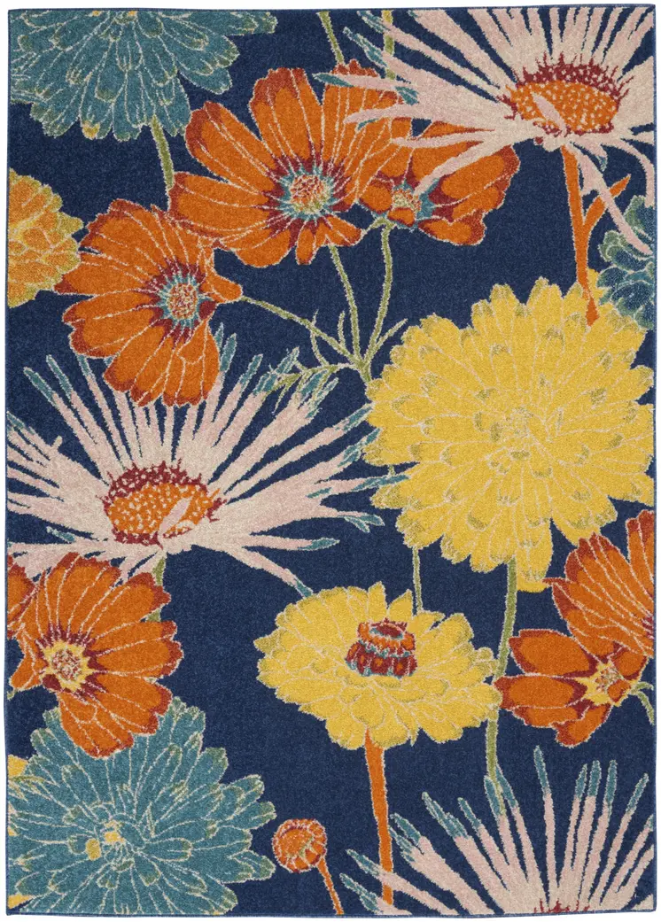 5' X 7' Blue Floral Power Loom Area Rug