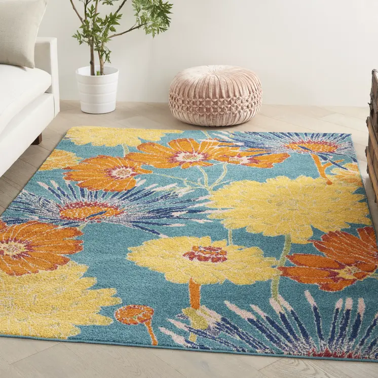 4' X 6' Blue Floral Power Loom Area Rug