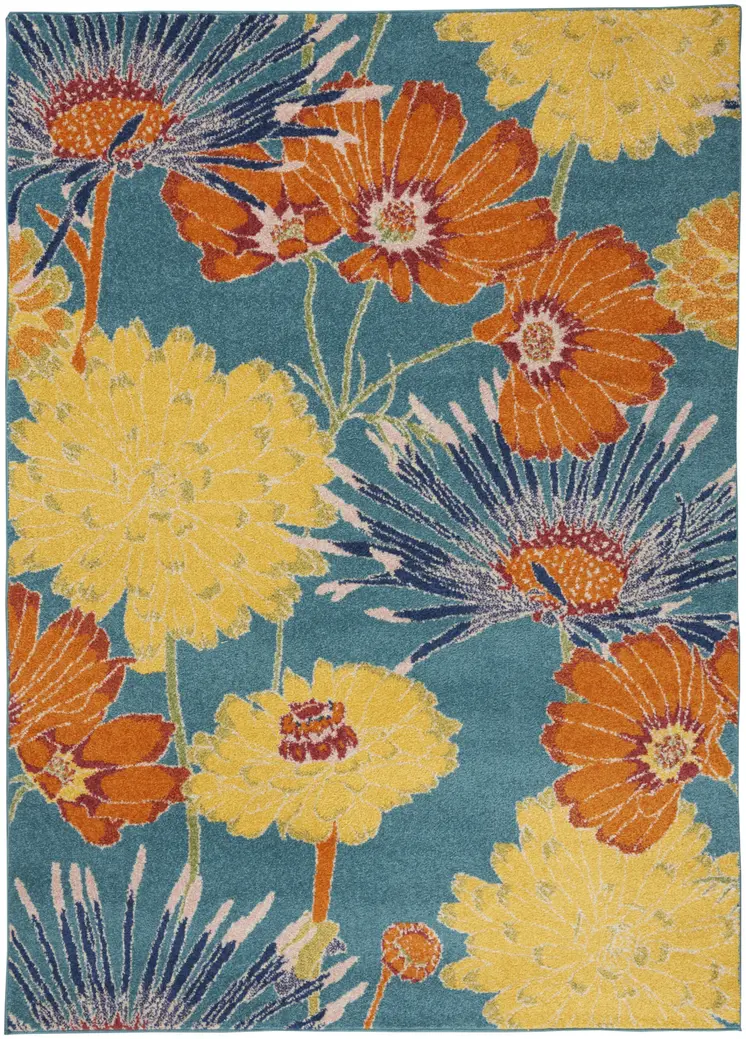 5' X 7' Blue Floral Power Loom Area Rug