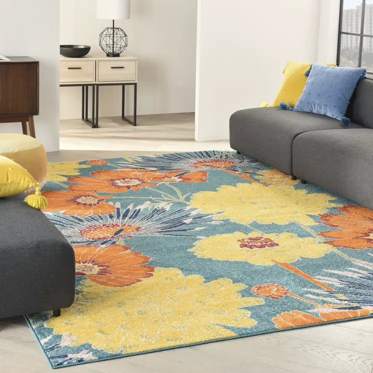 8' X 10' Blue Floral Power Loom Area Rug