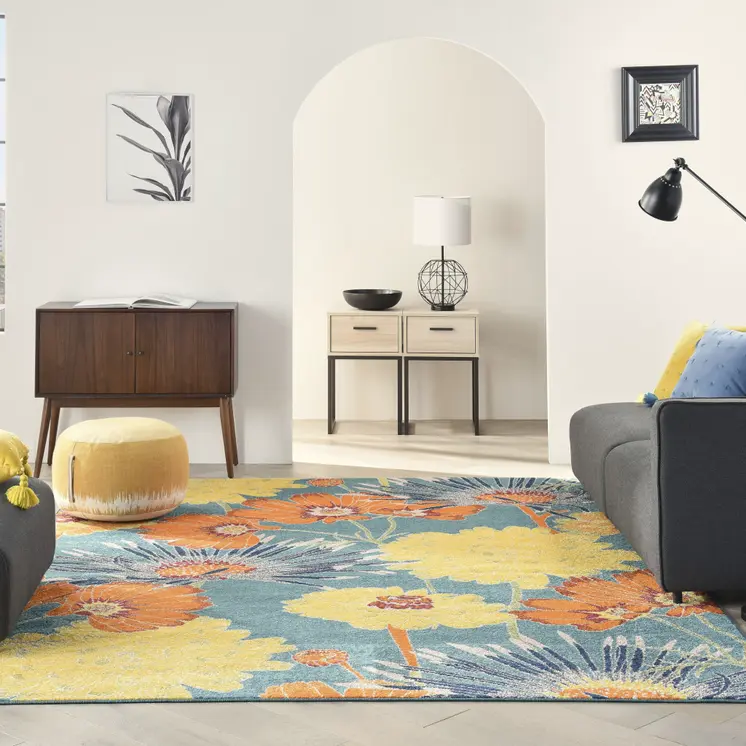 8' X 10' Blue Floral Power Loom Area Rug