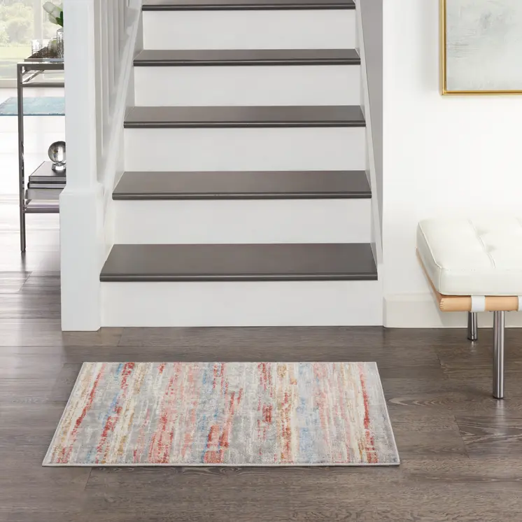 2' X 3' Ivory Red and Blue Abstract Non Skid Area Rug