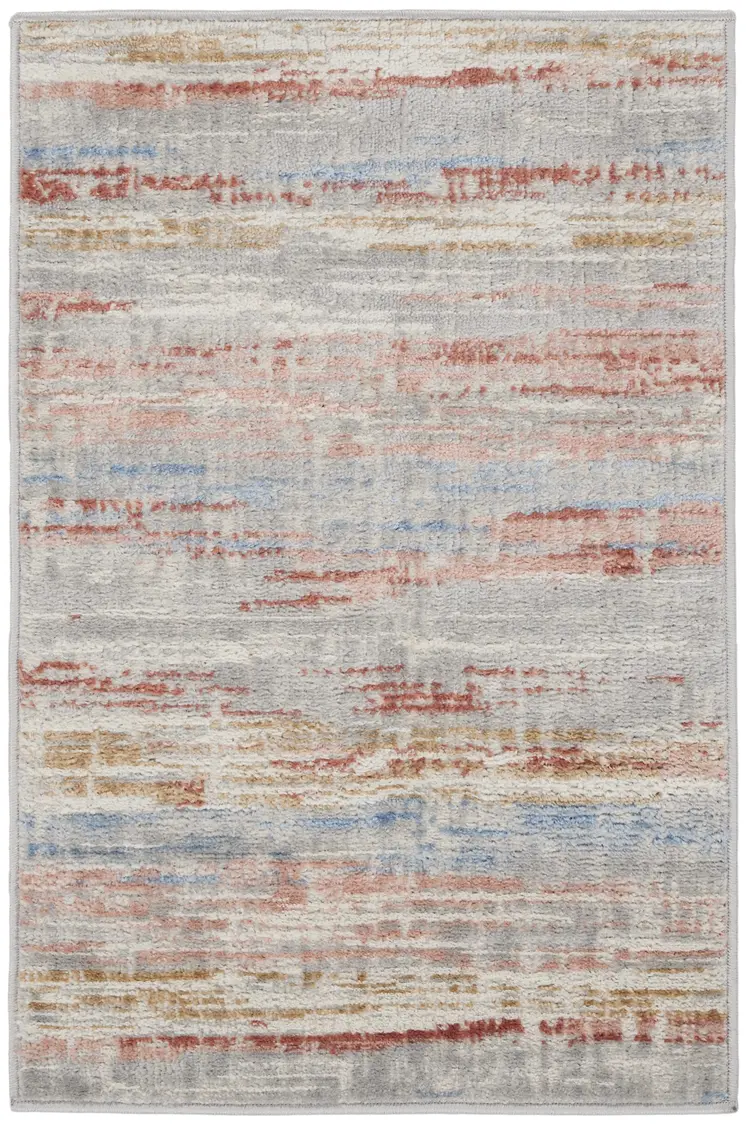 2' X 3' Ivory Red and Blue Abstract Non Skid Area Rug